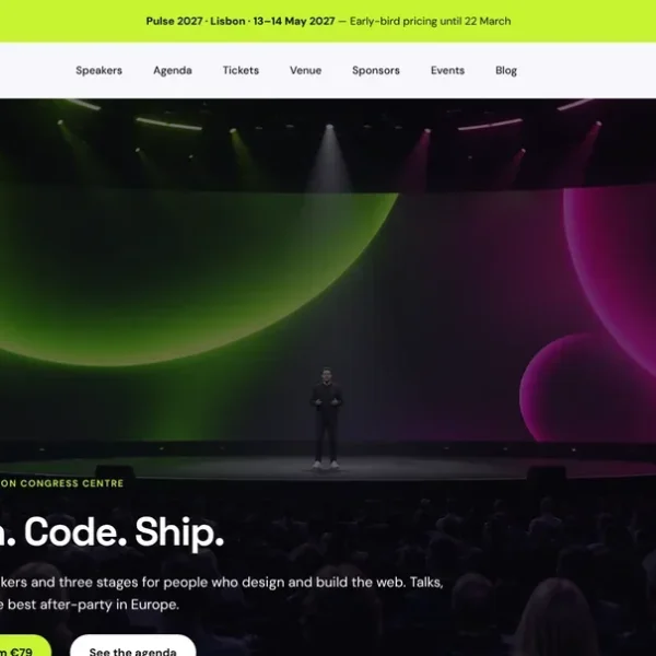 Pulse conference demo with a stage hero and ticket passes