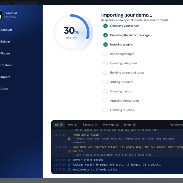 WPEssential import wizard finishing a demo import with every step logged