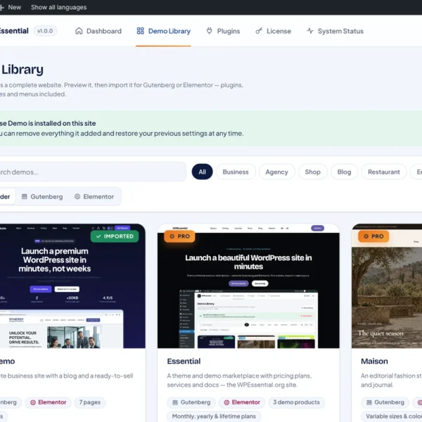 WPEssential dashboard showing the Demo Library with Base, Maison and Pulse