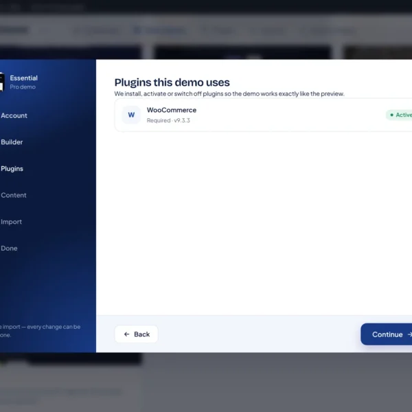 WPEssential import wizard listing the plugins a demo needs
